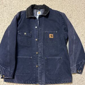 Carhartt Blanket Lined Button Chore Coat Jacket RN14806 Blue Size Large L VTG